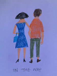 A woman in blue and a man in orange walking away, arms linked—an illustration of the warmth and solitude of walking with someone.