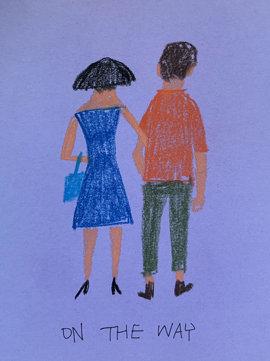 青い服の女性とオレンジ色の服の男性が腕を組んで歩く後ろ姿。誰かと歩く温かさと孤独を描いたイラスト。